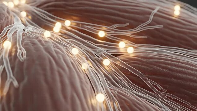 Muscle fibers appearing calmer and more relaxed after dry cupping therapy, soft glowing repair signals spreading through transparent muscle tissue