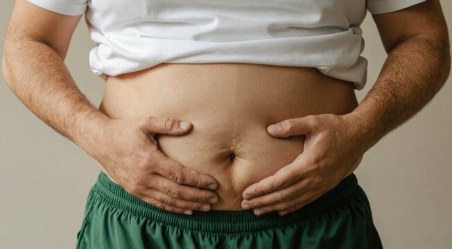 Close up of an overweight man holding his bare stomach. Male midsection with belly fat. Weight gain and health concept