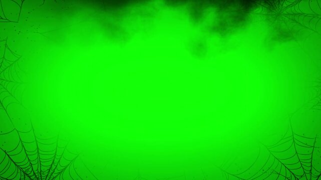 Spider webs frame a bright green screen background creating a minimalist setting for digital Halloween themed graphic overlays and content.