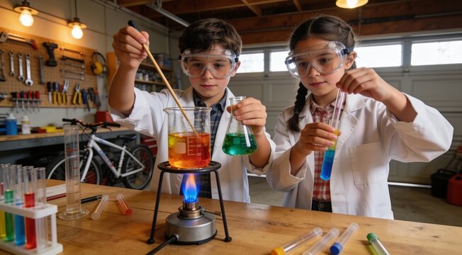 Young boy and girl are making chemistry experiments in a garage at home. 
