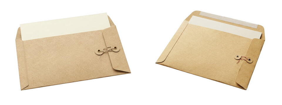 Set of two brown kraft paper envelopes with string closure and white card insert isolated on transparent background