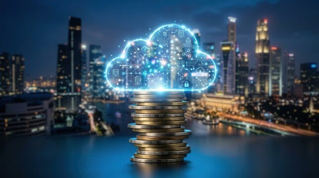 Futuristic Stack of Coins with Tech Cloud computing concept under digital cloud