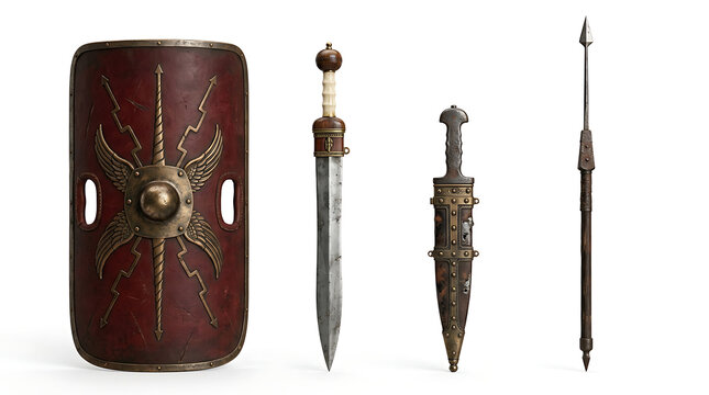 Ancient Roman Military Weapons Scutum Shield Gladius Sword and Pilum Spear Set Isolated