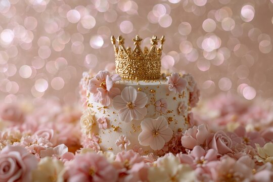 Pastel Princess Birthday Cake with Golden Tiara and Roses on Pink Glitter Background