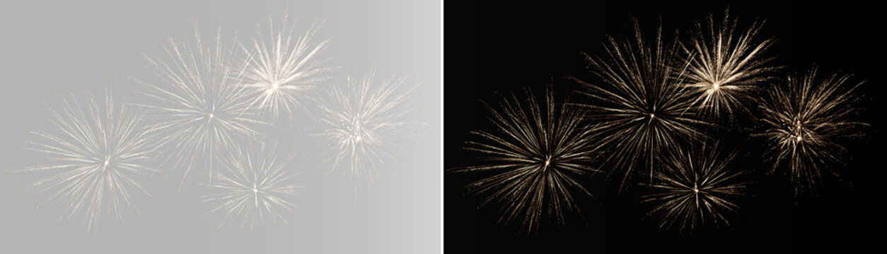 Abstract fireworks trails on gray and black background, realistic golden salute rocket launch or sparks texture