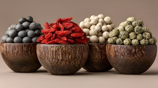 A vibrant collection of black, red, white, and green spices in rustic wooden bowls on a light background