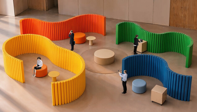 Top view creative office with colorful curved privacy walls and workers. Concept of workplace navigation, flexible office layout, team zoning, coworking design and modern business interiors.