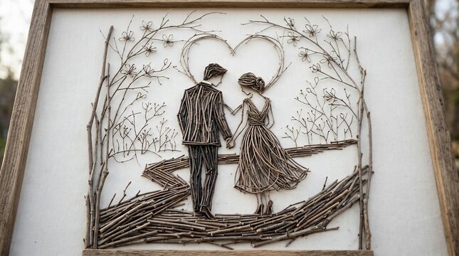 Couple holding hands on romantic twig bridge with heart