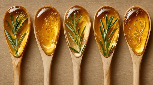 Golden liquid and fresh rosemary sprigs in five natural wooden spoons, presenting natural ingredients and flavors