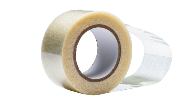 Clear adhesive tape roll with brown cardboard core