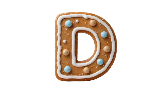 Gingerbread letter D cookie with white icing and candy decorations