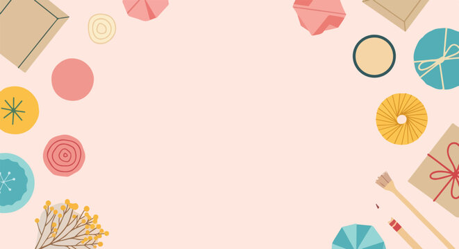 A top-down vector illustration features an array of crafting supplies, gift boxes, and brushes framing a soft pink background.