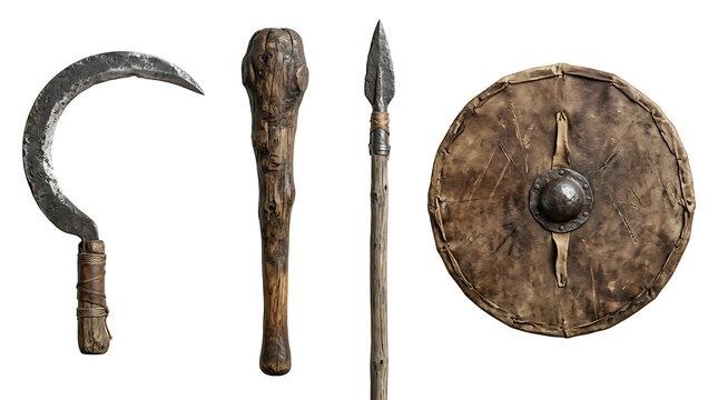 Ancient Primitive Weapons Set Including A Sickle Club Spear And Round Shield