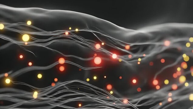 Inflammation particles slowly decreasing inside transparent body tissue after 7 days of dry cupping therapy, glowing stress signals fading smoothly through realistic biological structures