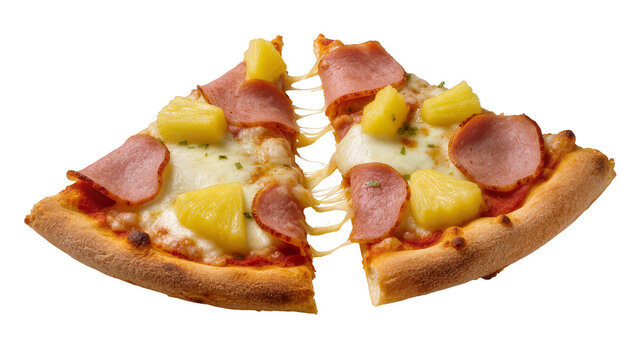 Hawaiian pizza slices with melted cheese and pineapple chunks