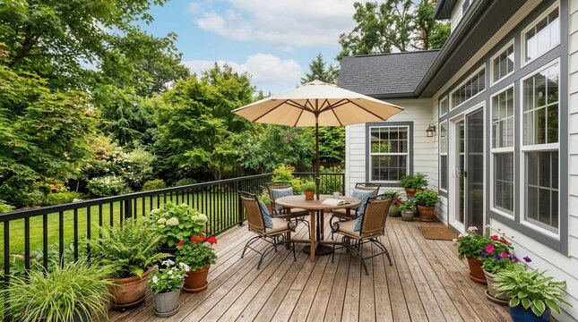 Inviting Wooden Deck with Black Railing, Newly stained wood outside house, chairs