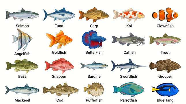 An educational illustration showcasing twenty different species of fish with their common names clearly labeled.