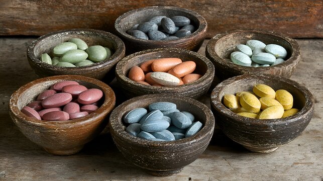 Assorted colorful vitamin and mineral supplements displayed in small rustic wooden bowls on a textured wooden surface
