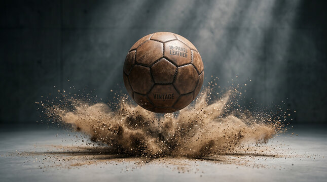 Vintage leather soccer ball exploding dust for sports brand marketing