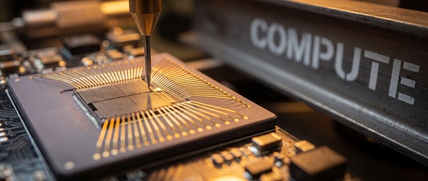 Microchip semiconductor CPU manufacturing process with precision probe testing gold wire bonds on silicon die, representing advanced hardware engineering, microelectronics and future computing powers.