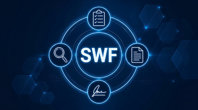 SWF acronym. SWF Sovereign Wealth Fund concept. A state-owned investment fund that manages national savings, often derived from revenues such as oil, to ensure long-term