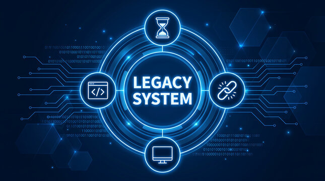 legacy system tech concept.An outdated technology or software still in use due to critical business dependencies