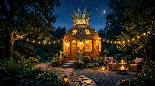 Cozy pineapple house at night with outdoor seating area and fire pit