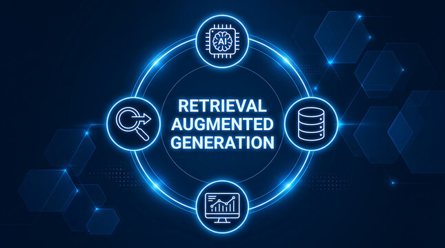 retrieval augmented generation tech concept.A machine learning model that combines retrieval of relevant data and generation of responses, often used in natural language processing tasks