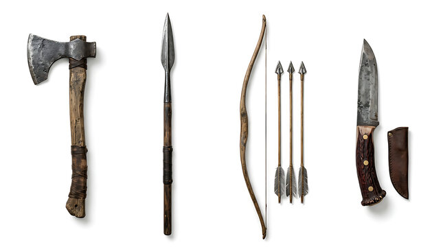 Ancient Medieval Weaponry Set Featuring Bow Arrow Spear Axe and Knife Isolated on White