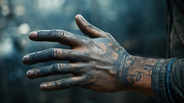 Close-up of a worker hand covered in black grease and oil. Dirty hand of a mechanic or manual laborer. Industrial work and blue collar concept