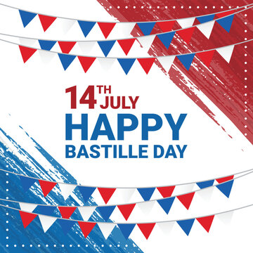 Pennant banner illustration with french colors and festive text overlay Bastille Day