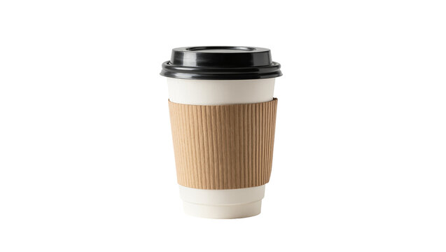 White paper coffee cup with brown sleeve and black lid