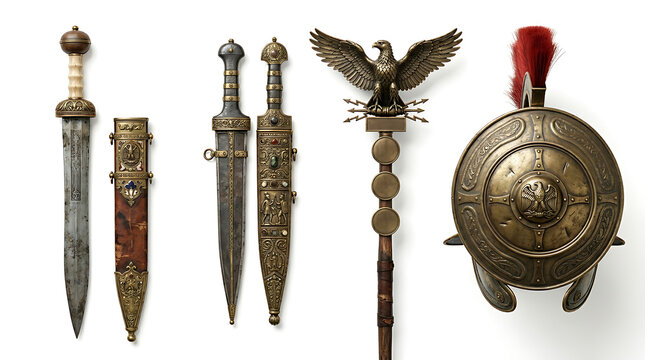 Set of Ancient Roman Military Equipment and Legionary Artifacts Isolated on White Background