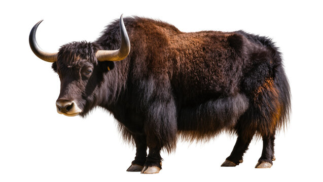 Large shaggy yak with curved horns and dark brown fur