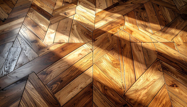 Warm light shining on a polished parquet floor with a herringbone pattern, casting dramatic shadows and highlighting the wood grain texture