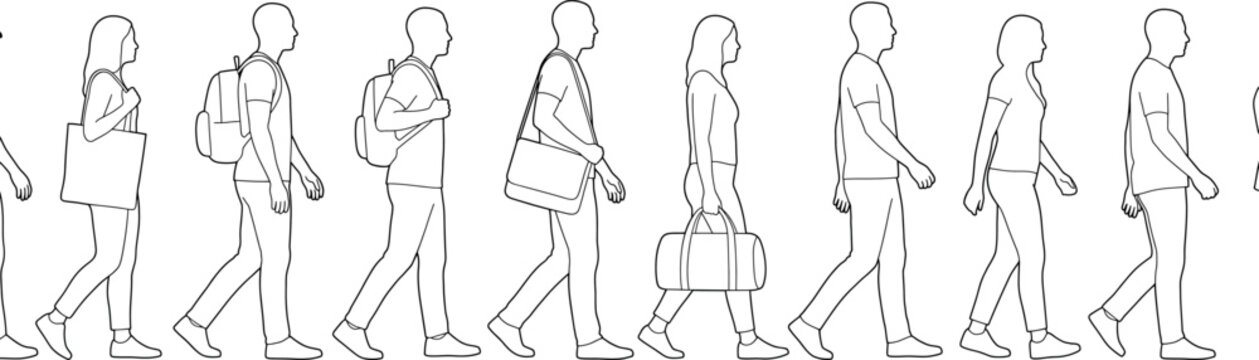 Line art illustration of a diverse group of people walking in a line carrying various bags and backpacks isolated on white background