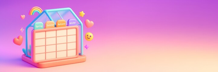 Fototapeta premium 3D calendar mockup with seasonal tabs and cute emoji elements on a vibrant gradient background with blank copy space on the right side. Ai generative