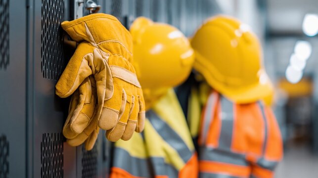 Yellow hard hat and worn leather work gloves hanging on a wall. Close-up of industrial safety equipment with blurred high-visibility vests in a construction locker room