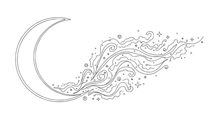 Fototapeta premium Crescent moon with swirling magical stardust and wisps, hand-drawn line art illustration.