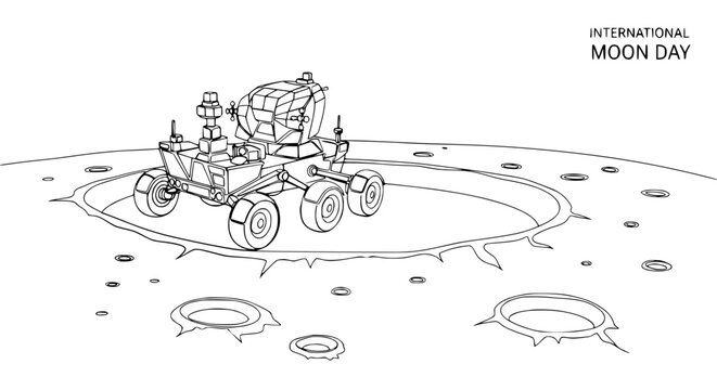 International Moon Day: Line Art Rover Exploring Lunar Craters
