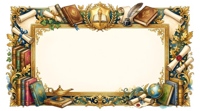Ornate academic border with books, scrolls, and a genie lamp, perfect for educational or celebratory invitations and certificates