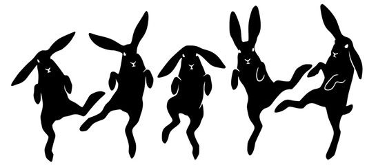 Vector silhouette of five rabbits upright on hind legs, leaping and dancing playfully. Minimalist design symbolizing rhythm, whimsy, and lively animal motion. © Suriya