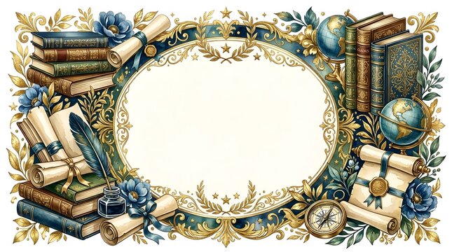 Elegant ornate frame with vintage books, scrolls, quill pens, globes, and compass, perfect for invitations, diplomas, or elegant stationery designs