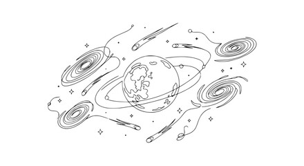 Cosmic Abstract: Earth, Galaxies, Meteors, Stars - Hand-Drawn Sketch © illustration