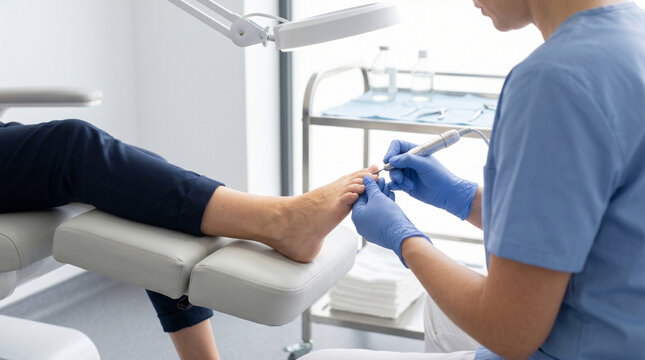Close-up of a female patient undergoing professional toenail treatment by a podiatrist wearing medical gloves and scrubs in a clean clinic environment