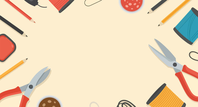 An overhead view of colorful craft and tailoring tools, including thread, scissors, and pencils, framing a blank central space for custom text.