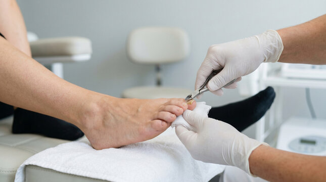 Close-up of a female patient undergoing professional toenail treatment by a podiatrist wearing medical gloves and scrubs in a clean clinic environment