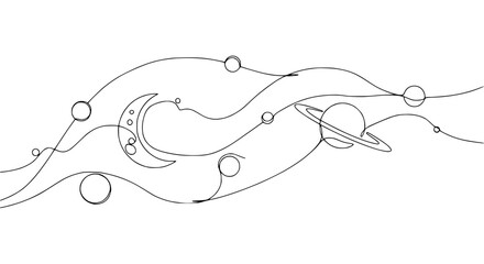 Continuous line drawing of celestial bodies and cosmic waves, crescent moon, planets, Saturn © rglstrm