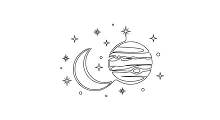 Crescent Moon and Jupiter with Stars Line Art - Minimalist Celestial Illustration © rglstrm