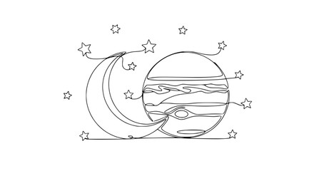 Continuous line drawing of Jupiter and a crescent moon with stars. © rglstrm
